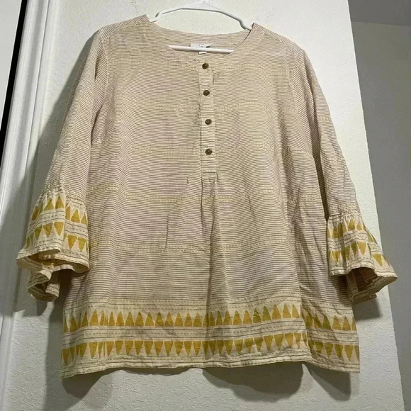 J Jill Top Beige Yellow Stripe Aztec Boho Flounce Sleeve Blouse Organic Cotton - Picture 4 of 10